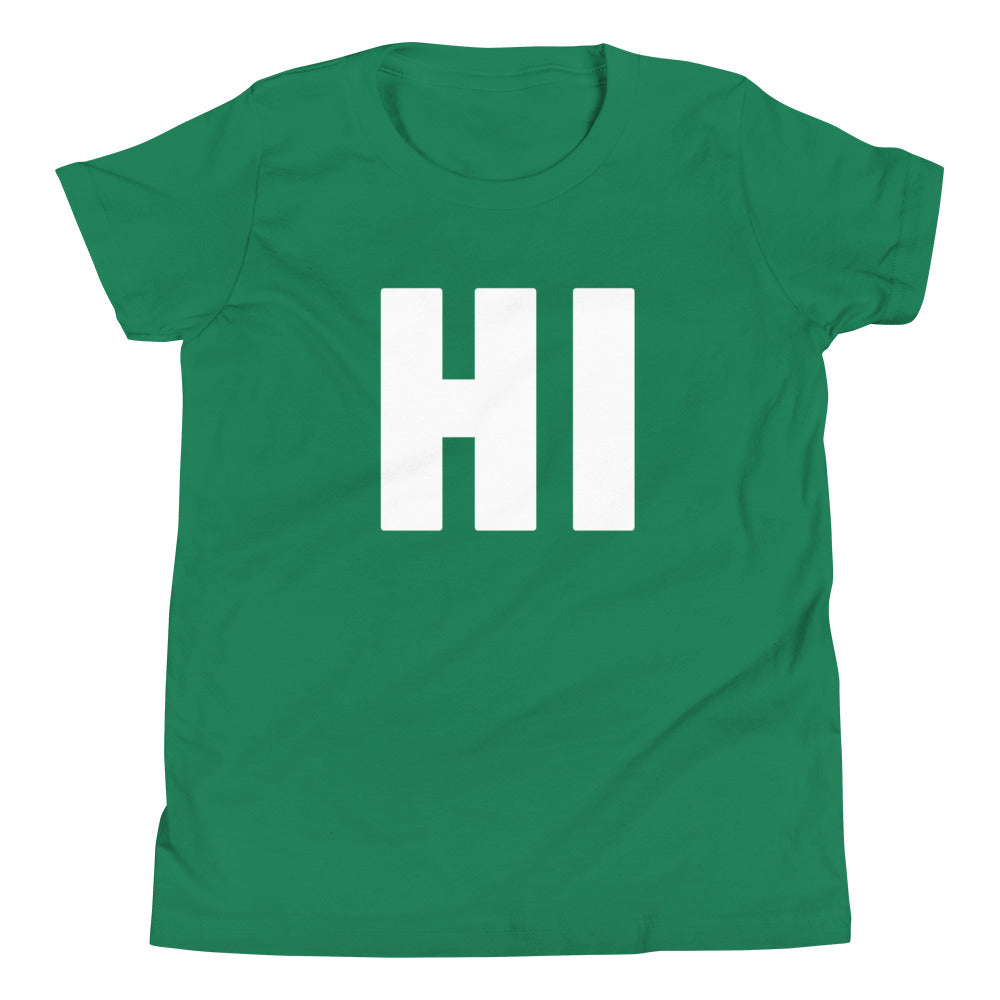 the word HI on green youth tshirt