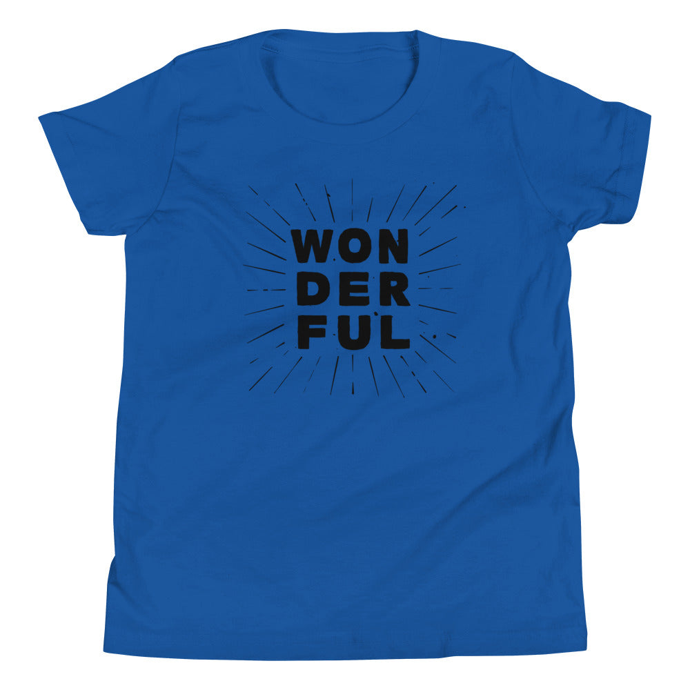 the word wonderful stacked on itself in black writing on blue youth tshirt