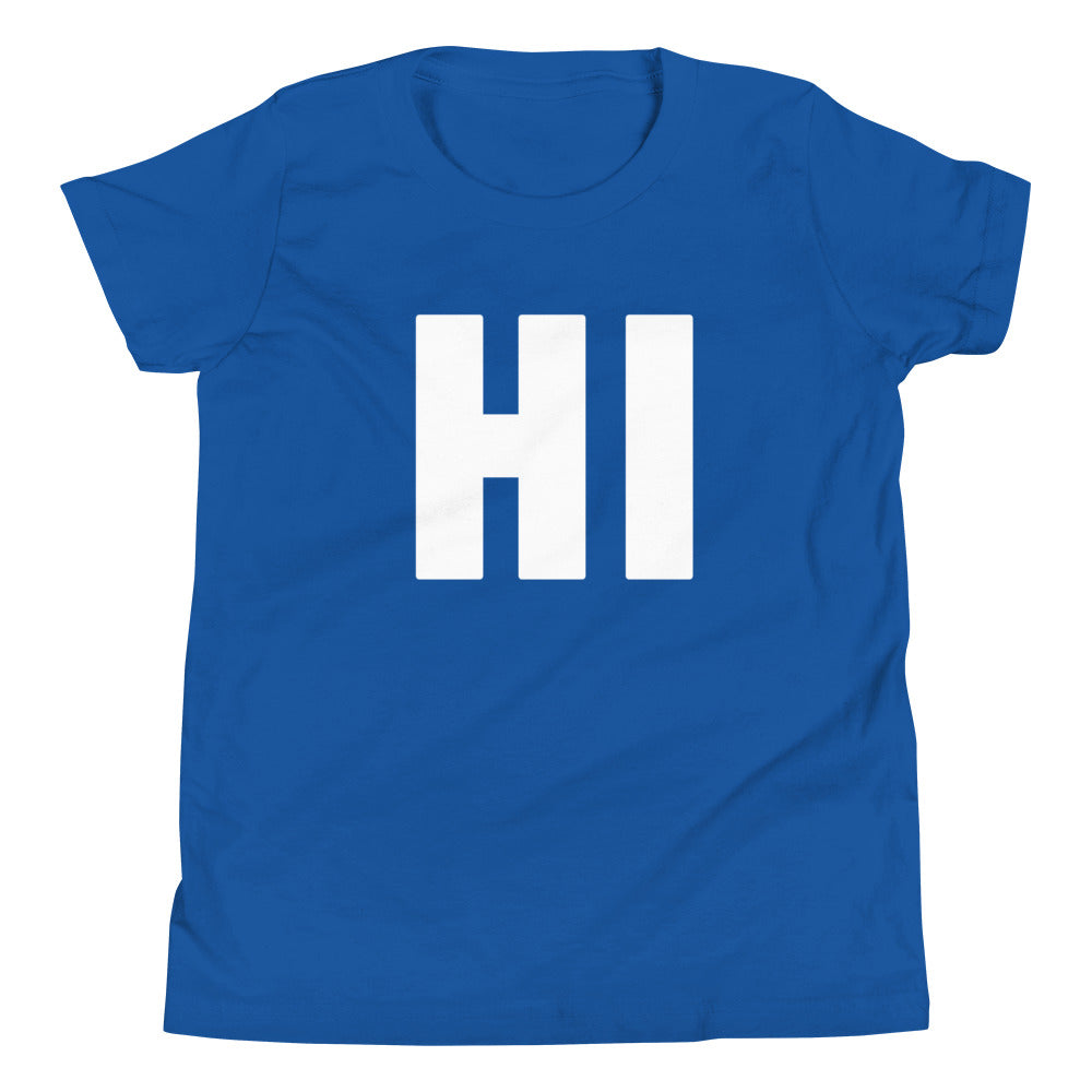 the word HI on blue youth tshirt